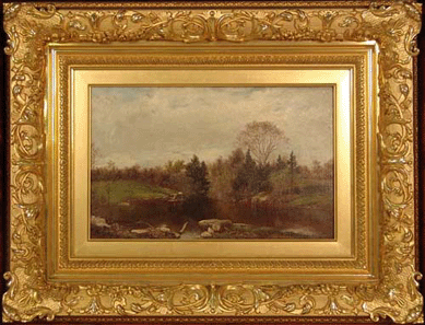 A signed David Johnson oil on canvas, marked on reverse "Spring, a study on the Bronx at Mt Vernon David Johnson May 16, 1873,†in original gilt Victorian frame mounted in burl wood shadow box sold within estimate at $25,875.