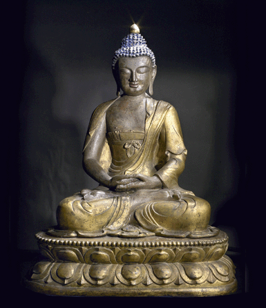 An important parcel-gilt bronze figure of Buddha Shakyamuni, China, Qing dynasty, Kangxi period, sold for $676,309.