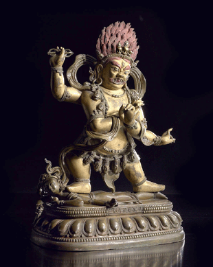 A rare and large imperial part-gilt bronze figure of Butadharmara-Vajrapani, China, Qianlong mark and period, realized $440,458.
