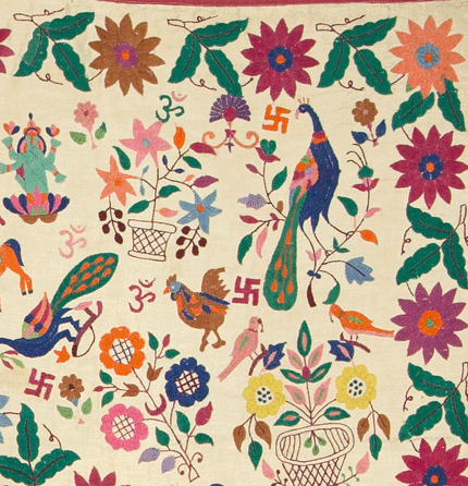 Door hanging (detail), Saurashtra (Kathiawar), Gujarat, India, 1960‷0, Rabari community, possibly Machhukatha Rabari; floss silk embroidery on plain-weave cotton, 64 by 90 inches. Gift of Sherry Shorthouse, Textile Museum of Canada.