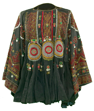 Woman's wedding dress (jumlo), Indus Kohistan, Northwest Frontier Province, Pakistan, silk floss embroidery on plain-weave cotton, 33½ by 63 inches, mid-Twentieth Century. Textile Museum of Canada.