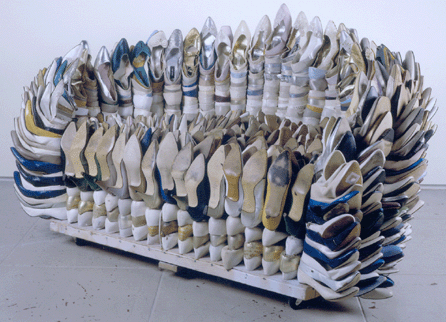 Willie Cole, "Loveseat,†2007, shoes, wood, PVC pipes, screws, staples, 39 by 65 by 43 inches. Courtesy of the artist; Aleby Ander and Bonin, New York. ⁔homas DuBrock photo