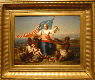 Thomas Pritchard Rossiter, "America Triumphant†or "Nourishing the Emigrant and Freeing the Slave,†circa 1863, oil on canvas, 12 by 16 inches. Thomas Colville Fine Art, Guilford, Conn., and New York City