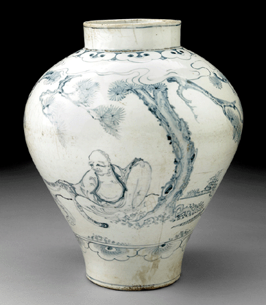 A fine and rare blue and white porcelain jar with figural decoration, Joseon dynasty, circa 1800, achieved a world auction record on December 9 when it brought $4,184,000. 