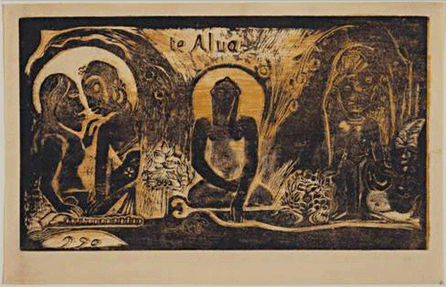 Paul Gauguin, "Te Atua (The Gods) from Noa Noa,†1893‹4, one from a series of ten woodcuts, 8 1/16 by 14 inches (image); 9¾ by 14 13/16 inches (sheet). The Museum of Modern Art, gift of Abby Aldrich Rockefeller.