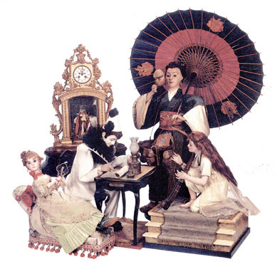 Among the French automata were, from left, Lady Reclining on Recamier, $34,000; Two Acrobats Performing in Gilded Wooden Case Clock, $23,000; Pierrot Writing, $42,000; Japanese Mask Seller, $57,500; and Kneeling Egyptian Lady Playing the Harp, $36,000.