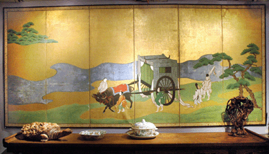This Japanese gold leaf on paper screen of six panels depicting a scene from the Tales of Genji, circa 1800, was offered by Wilton, Conn., dealer Vallin Galleries.