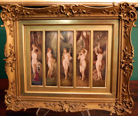 The KPM plaque with five panels depicting nudes in tropical landscapes was a showstopper and sold to a New York dealer for $32,200.