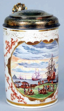 The late Eighteenth Century German tankard with a gilt metal lid and painted with a maritime scene opened at $2,000 and four eager phone bidders drove it to $14,375.