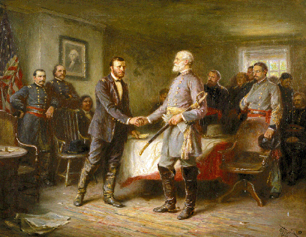 When Jean Leon Gerome Ferris painted "Let Us Have Peace, 1865,†around 1920, most white Americans regarded the surrender ceremony at Appomattox as a reconciliation of brave adversaries, overlooking slavery and sectional issues that helped trigger the war. Here, the focal point of the picture is Lee, who bore the burden of convincing his defeated countrymen to support the Union. Symbolically, a portrait of George Washington presides over the solemn meeting.
