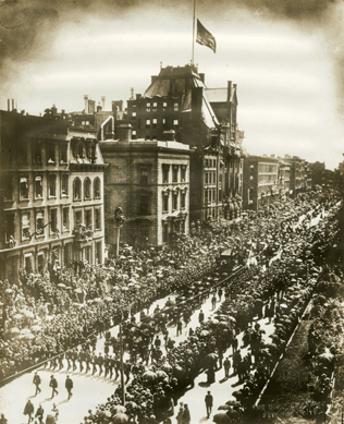 Buildings were draped in black and an astounding one million people turned out to observe Grant's funeral procession. Among those who walked the seven-mile route: President Cleveland and former Presidents Hayes and Arthur. Pallbearers included Union Generals Sherman and Sheridan and Confederate Generals Buckner and Johnston. Special trains featuring low fares brought mourners from the South to the funeral. Photograph by H.N. Thiemann & Co., 1885. New-York Historical Society.