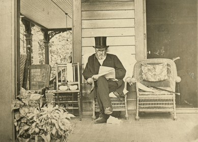 Nearly bankrupt and fearing he would leave nothing to his family, Grant battled painful throat cancer while he wrote his superb Memoirs, which became the best-selling autobiography of the Nineteenth Century. Working almost to the end on the project, his final days were captured by photographer John G. Gilman in this poignant portrait on the porch of his borrowed house at Mount MacGregor in the Adirondacks four days before his death in 1885. New-York Historical Society.