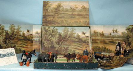 A boxed Teddy Roosevelt Adventures in Africa set made by Schoenhut would be rare in any condition. The figures and many accessories that came with this particular set †including optional lithographed cardboard scenery †display immaculate original paint. The top-finishing lot in the sale, it made $34,500. 
