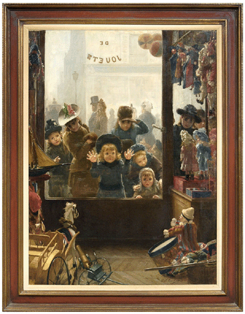 Timoleon Lobrichon's delightful genre painting, "Jouets,†was in a painted and giltwood frame. The French painting opened at $50,000 and sold within estimate for $92,000.