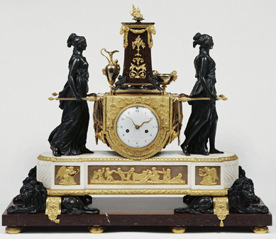 Louis XVI clock with vestals carrying the sacred fire, Paris, about 1789, case attributed to Pierre Philippe Thomire (French, 1751‱843), movement signed Charles Guillaume Manière (French, active 1778‱812), patinated and gilt bronze, white and griotte marble, enameled metal, glass. Collection of Horace W. Brock. Courtesy Museum of Fine Arts, Boston.