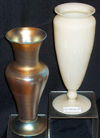 Two very rare and valuable vases were offered by Quelle Surprise of Gloucester, Mass. On the left is a Tiffany Favrile priced at $1,995, and on the right a Steuben for $695.