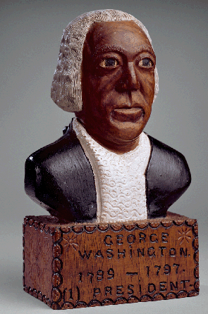 The first in Davis's series of presidential busts, "George Washington,†1970s, is typical of the static poses and only vague likeness that characterize most of the portraits. Crafted of mahogany and paint, it measures 8 1/8 by 4¾ by 3 1/8 inches, and is best viewed together with other busts of chief executives. King-Tisdell Cottage Foundation.