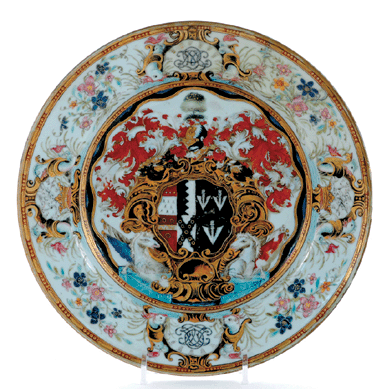 This rare Chinese Export Okeover armorial plate, circa 1740‱743, sold for $14,950.