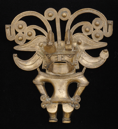 Pendant with Bat Man deity, tumbaga, gold and copper alloy, 1000‱500, Tairona culture, Columbia.