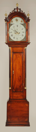 This circa 1785 Massachusetts Federal tall clock by Simon Willard in a figured mahogany Roxbury case stands 92½ inches tall and is signed Simon Willard on its iron dial. Additionally, it retains its original Simon Willard label. It sold for $63,250.