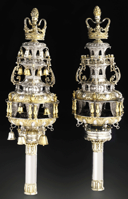 Pair of George I parcel gilt silver Torah finials, William Spackman, London 1719′0, brought $338,500.