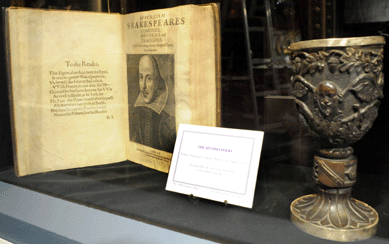 "Incomparably the most important work in the English language†was how Shakespeare's Comedies, Histories and Tragedies, second folio from 1632 was described at The 19th Century Shop, Stevenson, Md. The wooden goblet is thought to have been made by Shakespeare from a mulberry tree that he planted in 1609.