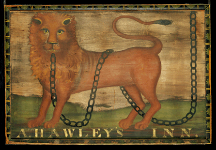 William Rice made this double-sided sign for Allen Hawley. Because the chained lion is paired with Federal eagle, it is believed that Rice intended the work as a celebration of American independence. The sign retains the original wood framing and iron brackets.