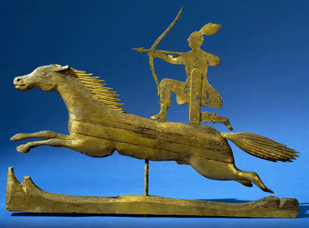 Of wood and metal, this Indian on horseback weathervane cannot be attributed to a known artist. Composed of iron and pine, painted and gilded, it was probably made in Maine, possibly around the Wells area, 1850‱880. 