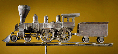 This locomotive and tender weathervane, possibly made by H.B. Chase, was probably created in Boston, 1855‱812. "Villa Decker†is faintly visible on both sides of the tender and may refer to the residence of N.H. Decker in Johnstown, N.Y. It is likely that Decker, considered to be the largest railroad contractor in the United States after 1850, commissioned this vane for his personal use.
