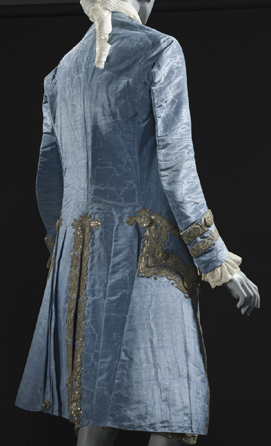 Man's three-piece court suit, France, circa 1760, silk moiré with silver metallic thread embroidery and sequins. 