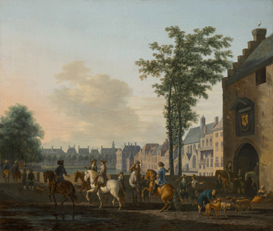 Gerrit Adriaensz Berckheyde (Dutch, 1638), "A Hunting Party near the Hofvijver in The Hague, Seen from the Buitenhof,circa 1690, oil on canvas, 22 13/16 by 26 15/16 inches. Royal Picture Gallery Mauritshuis, The Hague.