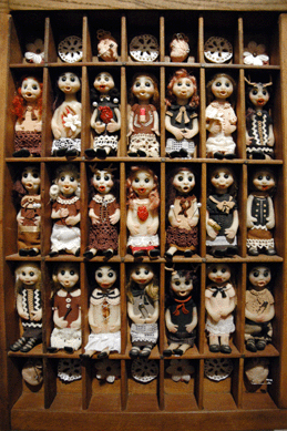 Scary stuff, the sugar and spice that go into each doll handcrafted by artist Amber Groome. Groome's dolls, on view at Lindsay Gallery, Columbus, Ohio, are, in the artist's words, "a testimony to the trauma and sorrow of being female and living with mental illness.