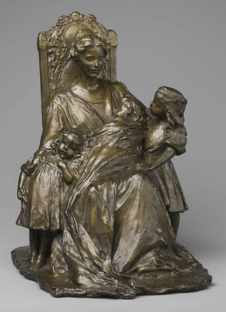 Consistent with early Twentieth Century thinking that mothers were queens at home, Vonnoh sculpted "Enthroned,†modeled 1902, with the mother seated regally in a thronelike chair embracing three children symbolizing progression from dependence to independence. The dignity and majesty of the woman's figure epitomized the Gilded Age ideal of motherhood. The Metropolitan Museum of Art.