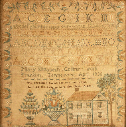 This sampler, signed Mary Elizabeth Collins, Franklin, Tenn., and dated 1836, set a record for a Tennessee sampler at auction, selling for $28,125.