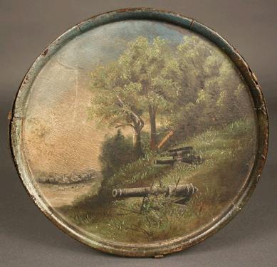 Confederate canteen with decorative painting depicting the Bellona cannon foundry, attributed to Virginia artist John Adams Elder (1833‱895) sold for $11,250.