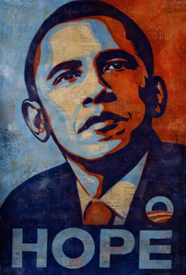 Shepard Fairey, "Obama Hope,†2008, mixed media on paper, 48 by 72 inches. Courtesy of the artist. 