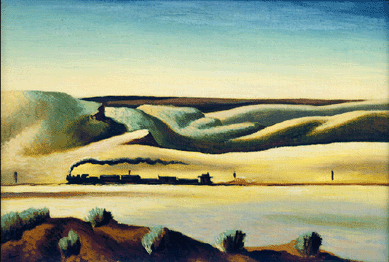 Thomas Hart Benton, "Train on the Desert,†1926 or 1927, oil on canvas board, 13¼ by 19¼ inches. Partial gift, private collection.