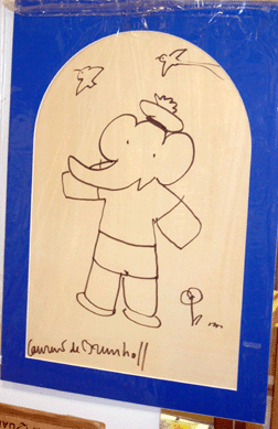 An original Laurent de Brunhoff pen and ink drawing of Babar was at Gilann Books, Darien, Conn.