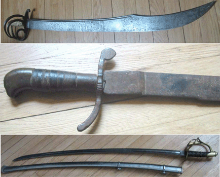 Reported stolen are (top photo) a "Manuel Navarro†sword with bone grip, Mexican eagle and tequila symbols; an early machete with eagle head pommel and (at bottom) a brass-hilt Mexican cavalry sword with scabbard, mid-Nineteenth Century.