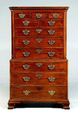 Note the heavy Chinese Chippendale brasses on this 72½-by-44½-by-24¼-inch Charleston Chippendale chest-on-chest in figured mahogany veneers with replaced feet. Proceeds from its selling price of $46,000 will benefit the Historic Charleston Foundation.