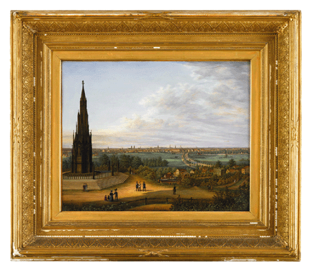 This large Berlin topographical porcelain plaque showing Berlin from the Kreuzberg, circa 1830, sold for $61,000, more than doubling its presale estimate. The finely painted panoramic view overlooking Victoria Park to the city, on the left is Schinkel's Monument to the Wars of Liberation, was offered in a carved giltwood and gesso frame. 