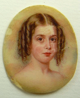 A circa 1855 miniature portrait of Mary Louisa Bowen, 1 by 1 inch, is inscribed on the back "Mary Bowen Holt†and "Mary Louisa Bowen born 1848.• style=