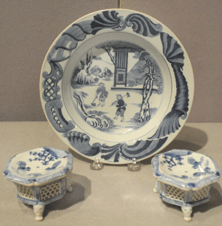 A rare pair of K'ang Hsi period blue and white reticulated salts sported sold tags shortly after preview opened from the booth of Philip Suval, Fredericksburg, Va. The rare mid-Eighteenth Century "tea production†plate is the 12th from a series of 24. 