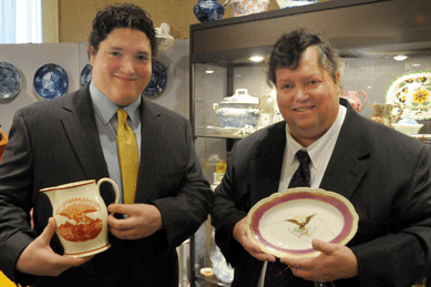 David and Bill Kurau with two rare items from their stand with political significance, a rare "Success to The American Navy†Liverpool pitcher with rust transfer and a platter from the Lincolns' White House china service. William and Teresa Kurau, Lampeter, Penn.