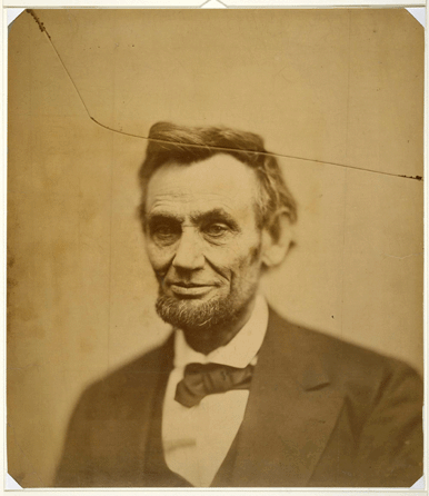 This famous haunting, cracked photograph of Lincoln taken by Alexander Gardner in 1865 after four years of the Civil War, highlights the careworn, furrowed face of the wartime president. "After the assassination,†says curator Ward, "this image became an icon in the deification of the martyred president.†National Portrait Gallery.