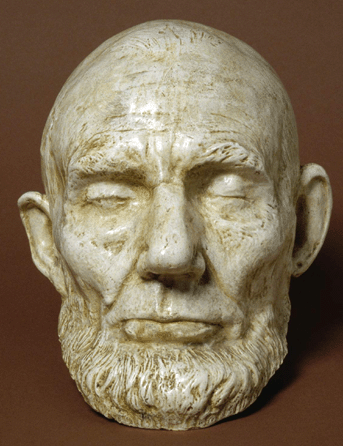 This life mask, taken in February 1865 by sculptor Clark Mills, shows a hollow-cheeked, worn-down Lincoln in the final year of his life. Popular because they replicated a sitter's features accurately, this life mask led a Lincoln friend to observe that it has "a look of one on whom sorrow and care had done their worst.†National Portrait Gallery.