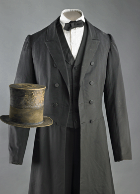 Lincoln wore this black broadcloth coat, trousers and vest during his presidency. Although at 6 feet 4 inches he towered over most contemporaries, he liked to wear tall top hats, such as this one he wore to Ford's Theatre the night of his assassination. National Museum of American History. 