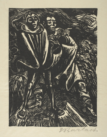 Ernst Barlach (German, 1870‱938), "Faust and Mephistopheles II,†1923, woodcut on thin off-white Japanese paper, private collection.