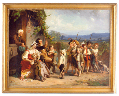 One of the paintings in the sale, lot 36, an oil on canvas by Christian Schussele, "The Young Recruits (Mock Army),†signed, dated and inscribed C. Schussele, Philadelphia, 1855, lower left, 49¼ by 52½ inches, carried a presale estimate of $10/30,000 and sold for $56,250.