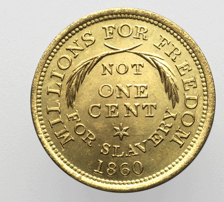 A brass Abraham Lincoln presidential campaign medal, 1860, designed by William Leggett Bramhall and produced at Scovill Manufacturing Company. Yale University Numismatic Transfer, 2001, gift of Irving Dillaye Vann.